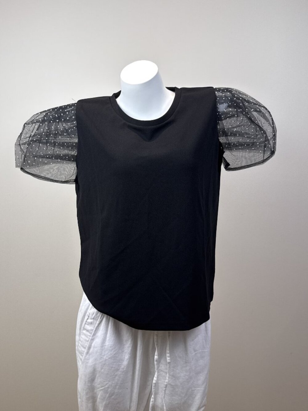 Gracia Womens L Black Puff Sleeve Pearl Mesh Polka Dot Short Sleeve Top Blouse